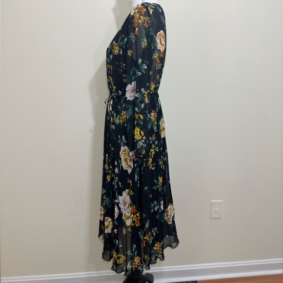 Indigo Rose | Woman BIack Chiffon Floral A-Line Pleated Flowy Lined Maxi - Picture 2 of 7